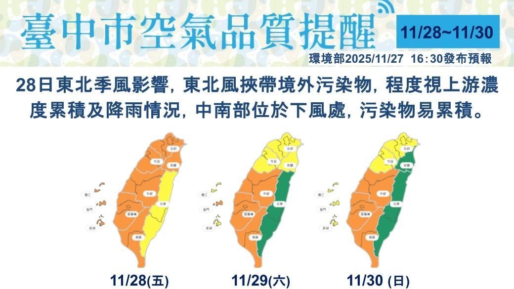 受境外污染及漸轉東風影響 西半部未來三日空品有轉差疑慮 中市府啟動應變措施