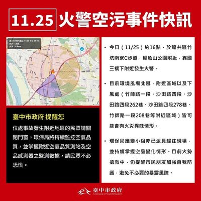 台中市龍井區竹坑南寮C步道發生火警 消防局持續撲滅中 提醒附近居民加強自我防護